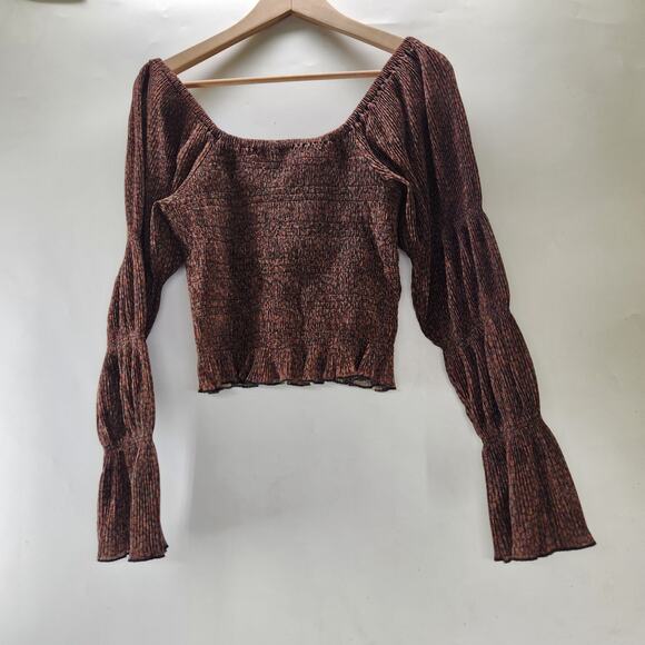 Anthropologie Shimmer Puff Sleeve Smocked Cropped Peplum Top Small Cocoa Brown - Picture 6 of 12